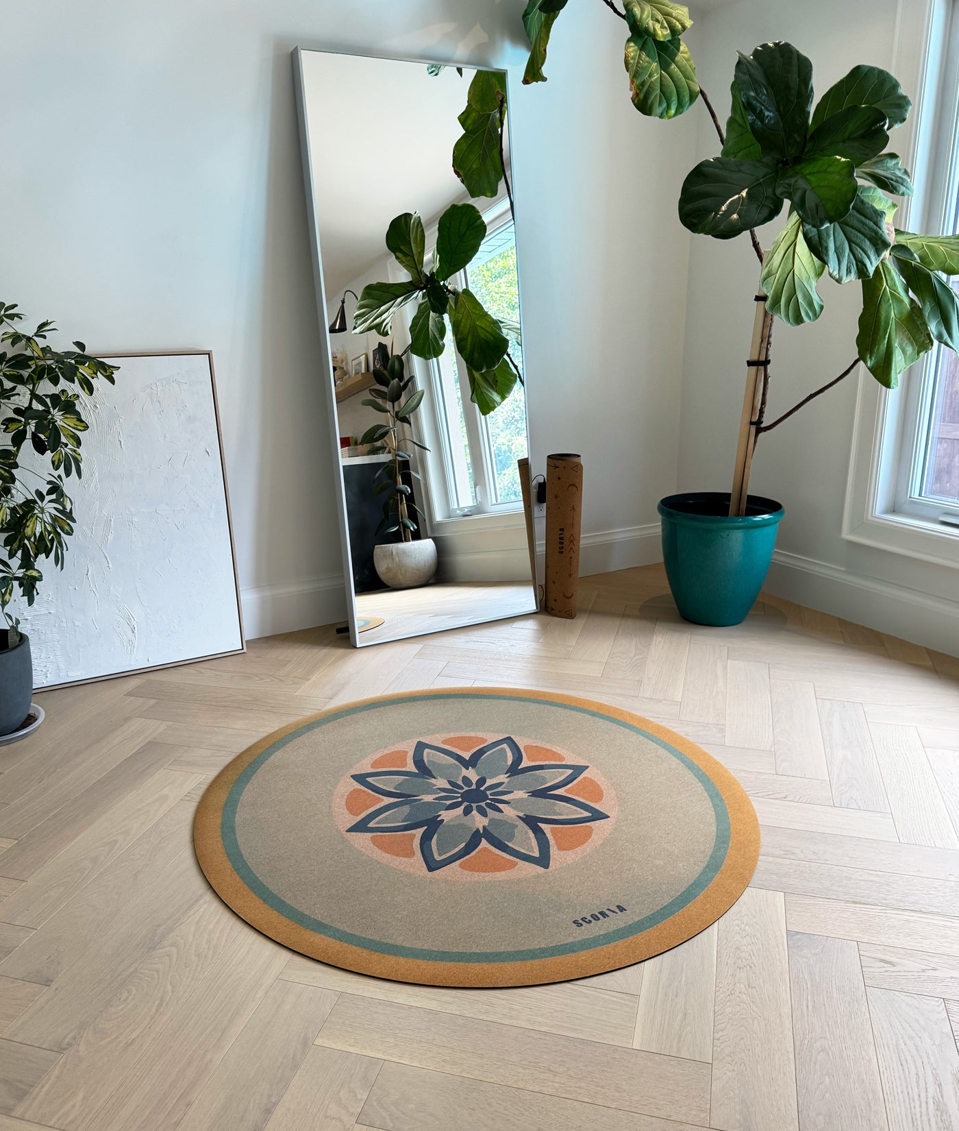 Blue Petals Round Cork Yoga Mat | Multi-use | 53" dia
