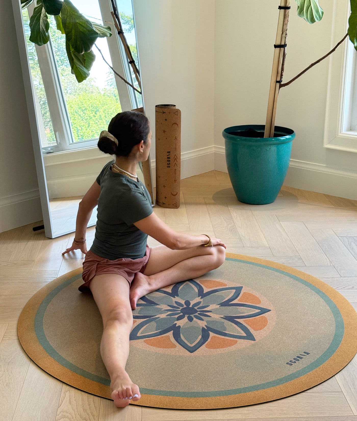 Blue Petals Round Cork Yoga Mat | Multi-use | 53" dia