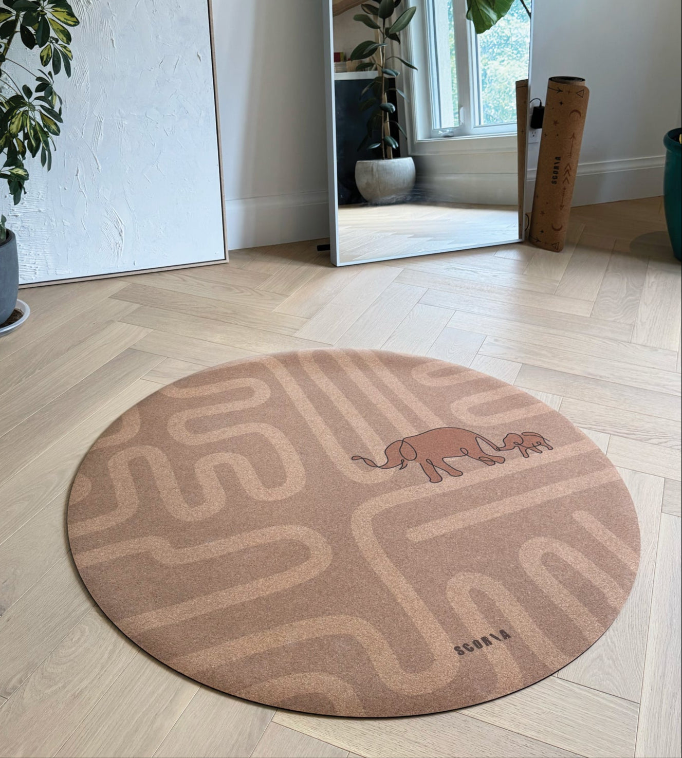 Elephant Walk Round Baby Mat | Kids Cork Yoga Mat | Play & Stretch | 47" dia