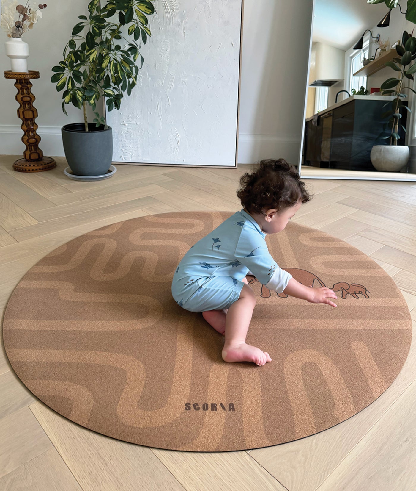 Elephant Walk Round Baby Mat | Kids Cork Yoga Mat  | Play & Stretch | 47" dia