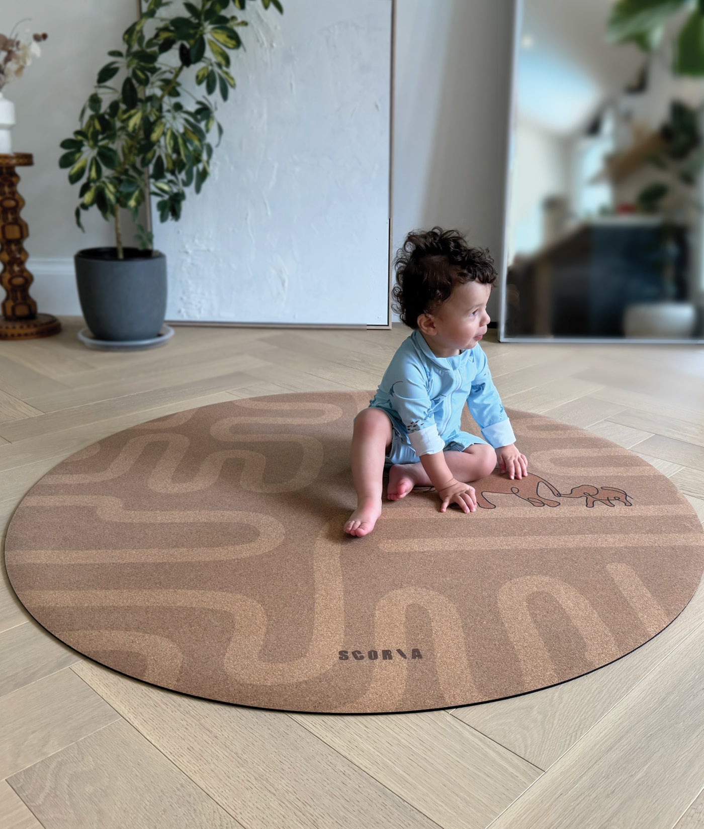 Elephant Walk Round Baby Mat | Kids Cork Yoga Mat  | Play & Stretch | 47" dia