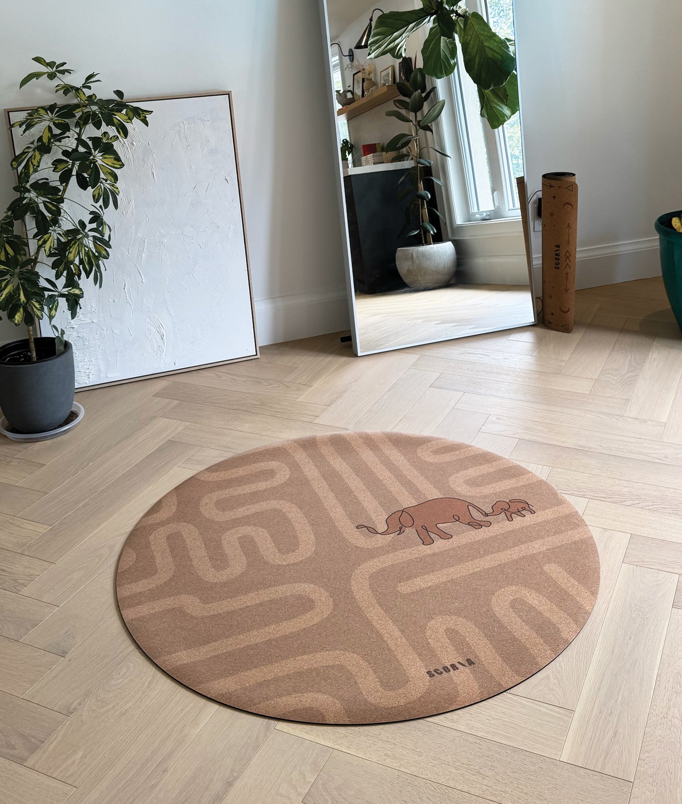 Elephant Walk Round Baby Mat | Kids Cork Yoga Mat  | Play & Stretch | 47" dia