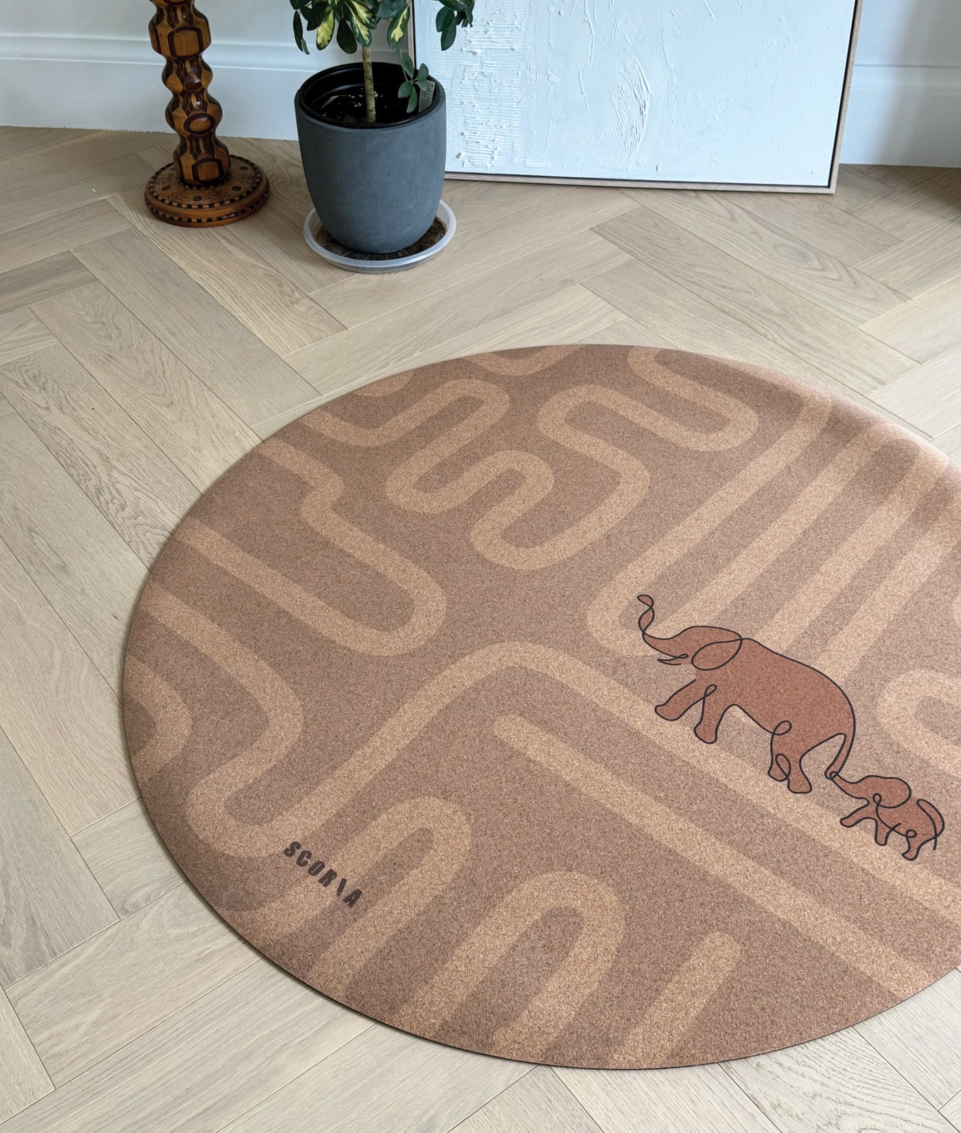 Elephant Walk Round Baby Mat | Kids Cork Yoga Mat  | Play & Stretch | 47" dia