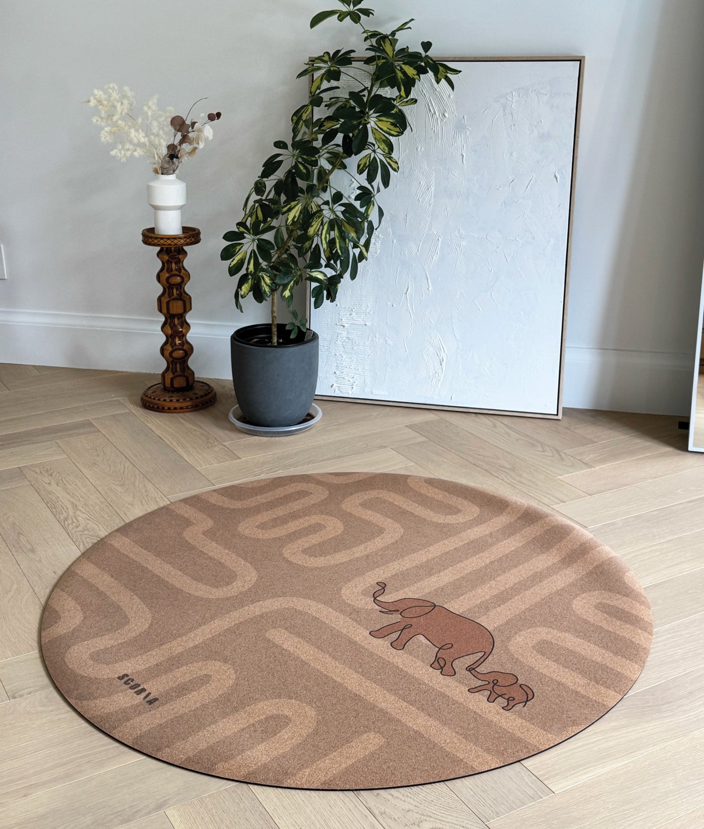 Elephant Walk Round Baby Mat | Kids Cork Yoga Mat  | Play & Stretch | 47" dia