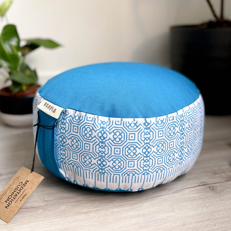 Round Natural Meditation Cushion | Ocean Blue Print